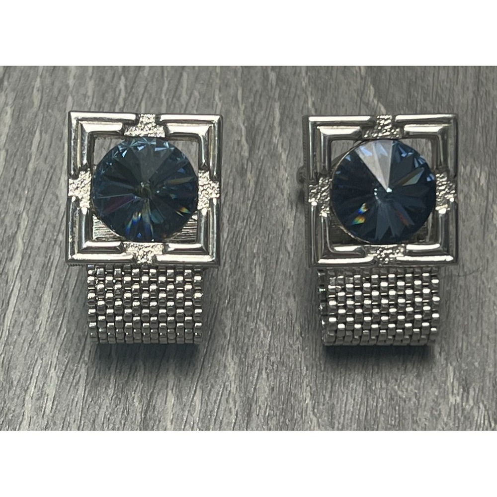 Vintage Mens Cufflinks Silver Tone‎ Mesh Faceted Blue Stone Square Frame